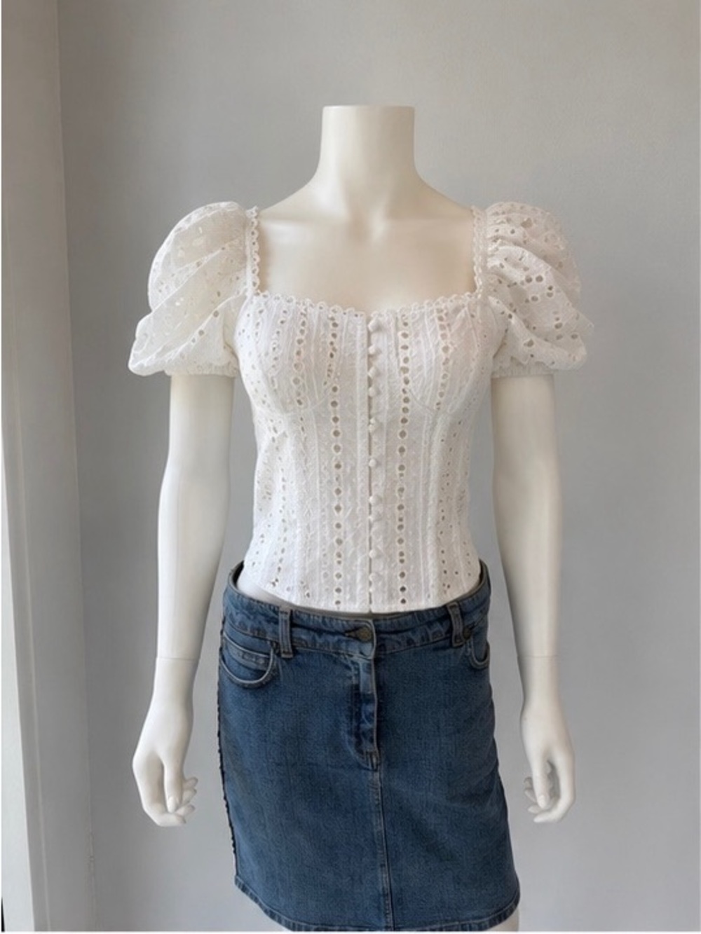 Charo Ruiz White Eyelet Puff Sleeve Corset Top - Women